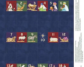 Panel de calendario de Adviento "Venid y adorémoslo" - Diseños de Riley Blake - Impresión digital - Nacimiento navideño - Tela de algodón para acolchado