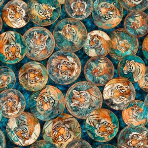 May include: A teal blue background with circular patterns featuring watercolor illustrations of tigers in various poses. The tigers are depicted in shades of orange, brown, and black, with intricate details in their fur and facial features. The circular patterns are surrounded by a decorative border in shades of gold and brown.