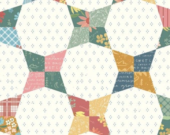 May include: A white fabric with a repeating pattern of six-pointed stars. Each star is made up of nine smaller squares in various colors and patterns, including blue, green, yellow, pink, and red. The fabric has a white background with small blue dots. The fabric has text on it, including "undance", "ING BRID", "RETLA", "aspe", "grove", "Lake naty", "Jundance", "nil falb", "LE CREEK F", "ECRETL", "Morset", "VINGING", "Primrose", "grou", "E CREEK F", "NG BRID".