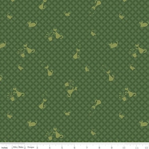 May include: A green fabric with a repeating pattern of stylized cats watering plants. The cats are a light yellow color and the plants are a darker yellow. The background is a dark green with a subtle diamond pattern.