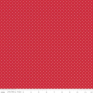 May include: Red fabric with a white polka dot pattern. The dots are evenly spaced and create a classic and timeless design.