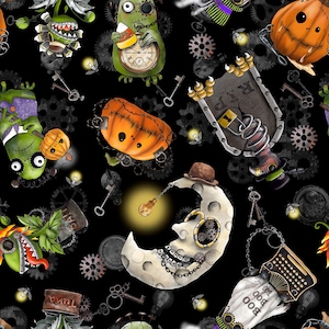 May include: A black background with a repeating pattern of Halloween-themed illustrations.  The illustrations include pumpkins, a moon, a monster, a clock, a key, and a typewriter.  The illustrations are in a steampunk style with gears, chains, and other mechanical elements.