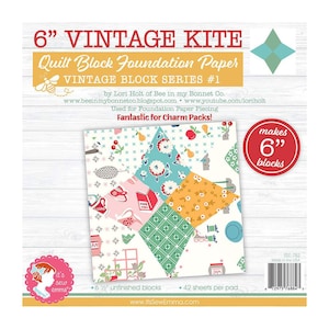 May include: A 6-inch vintage kite quilt block foundation paper with a colorful patchwork design. The paper is used for foundation paper piecing and is fantastic for charm packs. It includes 6 1/2 unfinished blocks and 42 sheets per pad. The paper is made in the USA.