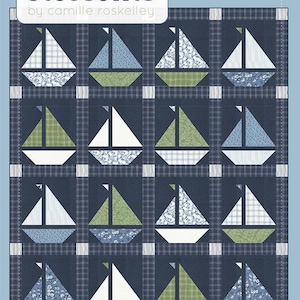 May include: A quilt pattern featuring a repeating sailboat design in white, blue, and green on a navy blue background. The text "thimble blossoms" and "SAIL" are visible. The quilt measures 70" x 80".