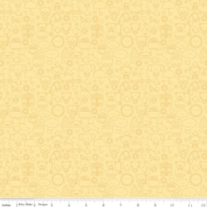May include: A yellow fabric with a repeating pattern of small, light brown line drawings of animals, clouds, stars, and other objects. The pattern is subtle and delicate.