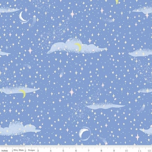 May include: A blue fabric with a white and light blue starry night pattern. The pattern includes clouds, stars, and crescent moons.