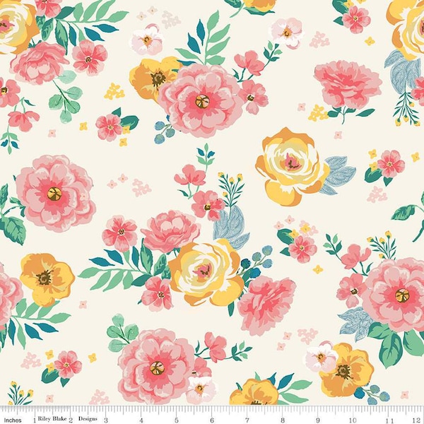 SALE Spring Gardens Main C14110 Cream by Riley Blake Designs - Floral Flowers - Quilting Cotton Fabric