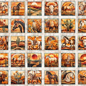 May include: A fabric panel featuring a grid of thirty square illustrations depicting desert landscapes, cowboys on horseback, horses, bison, a steer skull, a hawk, a mountain lion, a coyote, a tortoise, and cacti in shades of orange, brown, and tan.