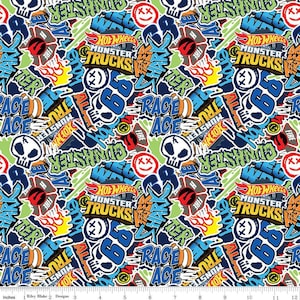 Hot Wheels Monster Trucks Logos CD12951 Multi - Riley Blake Designs - DIGITALLY PRINTED Trucks - Quilting Cotton Fabric -  LIcensed Product