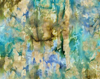 May include: Abstract fabric with a blue, green, and brown watercolor pattern. The fabric has a mottled, textured appearance.