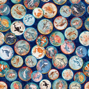 May include: A fabric pattern featuring circular designs with various marine life illustrations. The circles contain images of fish, whales, dolphins, crabs, and jellyfish, set against a dark blue background with a coral-like texture.