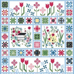 May include: A quilt block pattern with a beehive and flowers in the center. The quilt block is surrounded by a variety of other quilt blocks, including stars, pinwheels, and squares. The quilt block is made in a patchwork style with a variety of fabrics in pink, blue, green, and white.