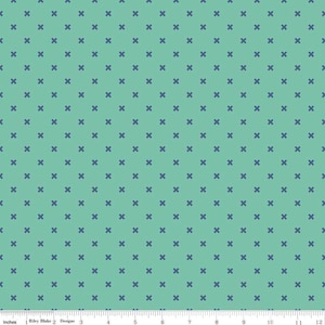 May include: A teal fabric with a repeating pattern of small navy blue crosses.