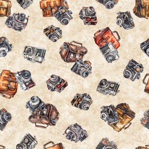 May include: A seamless pattern featuring vintage cameras and leather camera bags on a beige background. The cameras are in various styles and sizes, some with leather straps and others with metal accents. The bags are brown and have buckles and straps.