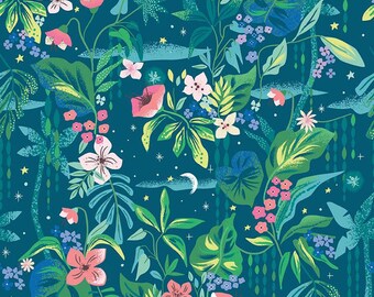 Forever Neverland Tropical Floral C15903 Night - Riley Blake Designs - Flowers Leaves Blossoms Tropic - Quilting Cotton Fabric