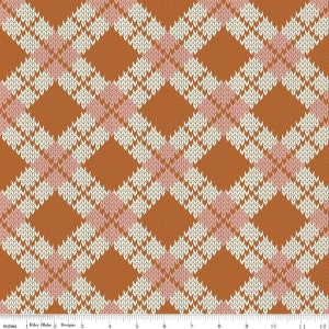 May include: A digitally rendered fabric pattern featuring a repeating diamond design. The pattern incorporates a knitted texture with a color palette of rust orange, cream, and pale pink. The design is reminiscent of a classic argyle or plaid.