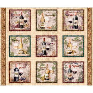 May include: A fabric panel featuring nine framed images of wine bottles, glasses, and grapes. Each image is labeled with a different wine type, including Cabernet Sauvignon, Chardonnay, and Pinot Noir. The panel has a neutral background.