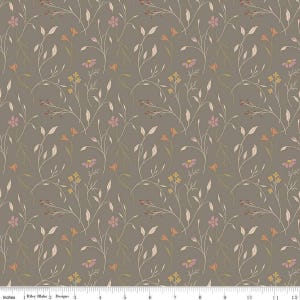 May include: A fabric with a repeating floral pattern. The design features delicate stems, leaves, and flowers in shades of pink, orange, and yellow against a muted gray background. The fabric is measured in inches.