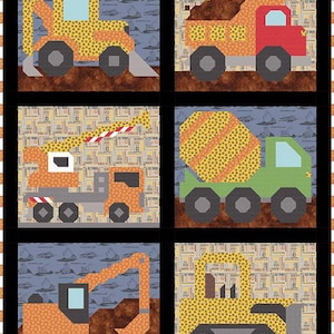 May include: A set of six colorful construction vehicle blocks, each featuring a different type of vehicle, including a yellow excavator, a red dump truck, an orange crane, a green cement mixer, a yellow bulldozer, and a yellow backhoe. The blocks are made of fabric and have a patchwork design.