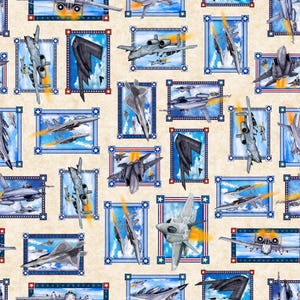 May include: A beige background with a repeating pattern of various military aircraft in blue, gray, and white. Each aircraft is framed with a blue and red border with white stars.