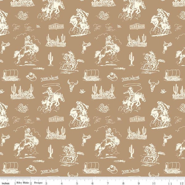 SALE John Wayne Courage Cowboys C14302 Tan - Riley Blake Designs - Western Horses Saddles Wagons Cactus Hats - Quilting Cotton Fabric