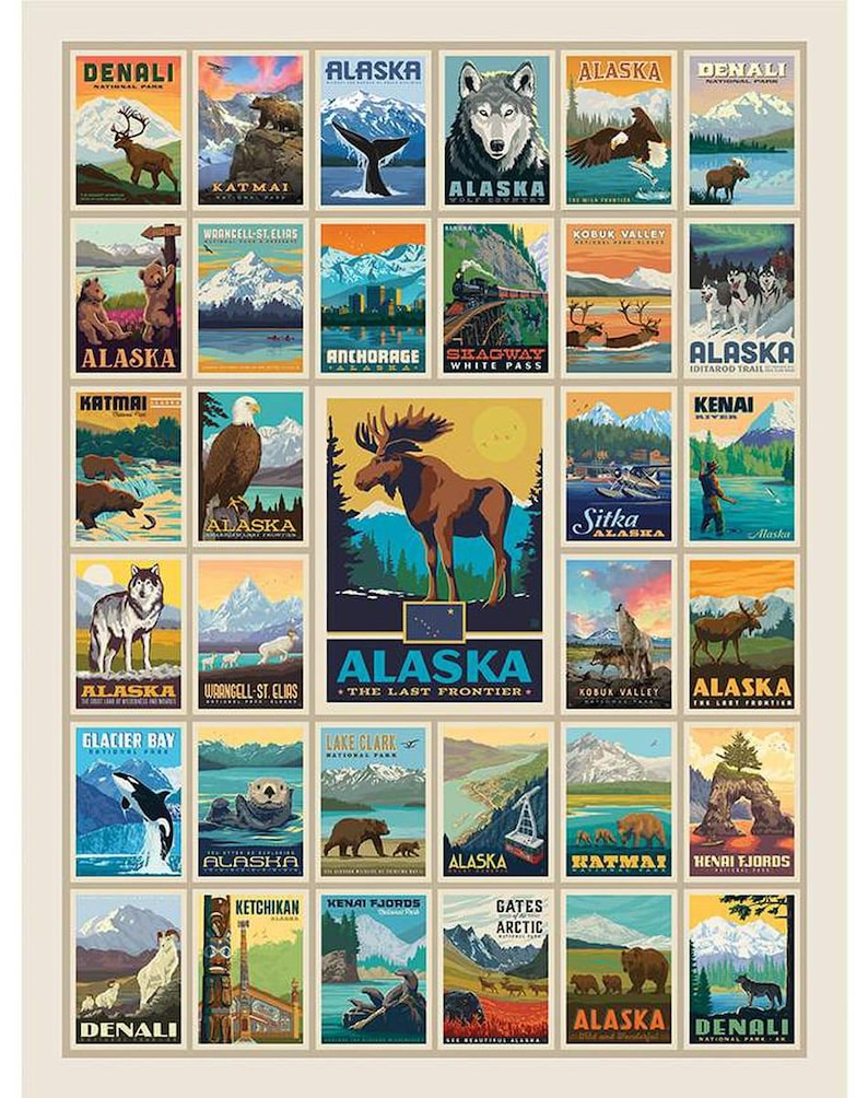 May include: A colorful collage of vintage-style travel posters featuring various Alaskan landmarks, wildlife, and activities. The posters include images of mountains, glaciers, bears, moose, whales, and more. The text on the posters includes the names of different locations in Alaska, such as Denali National Park, Katmai National Park, and Glacier Bay National Park.