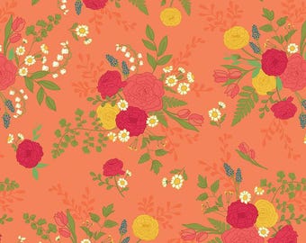 SALE First Blooms Main C16320 Orange - Riley Blake Designs - Blossoms Leaves Leaf Flowers Floral - Quilting Cotton Fabric