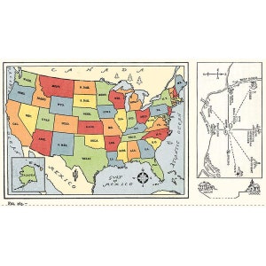 May include: A vintage map of the United States with state borders outlined in black and colored in shades of red, orange, yellow, blue, and green. The map includes the states of Alaska and Hawaii. The map also includes a compass rose and a key showing the location of a dirt road, a store, a ball field, a camp, a pavilion, a bathing beach, a village, a native American monument, a spring, a school, and a home.