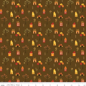 SALE Fall&#39;s in Town Village C13512 Brown by Riley Blake Designs - Thanksgiving Autumn Houses Trees Leaves Flowers - Quilting Cotton Fabric