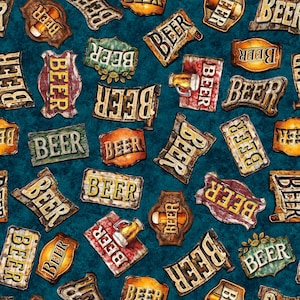 May include: A teal blue background with a repeating pattern of vintage wooden signs that say "BEER" in various fonts and styles. Some signs have a beer mug graphic.