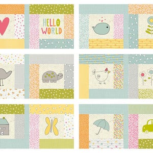 May include: A collection of six rectangular fabric panels with a patchwork design. Each panel features a different illustration, including a heart, the words "HELLO WORLD", a whale, a flower, a bird, a turtle, a chicken, flowers, a house, a butterfly, an umbrella, and a car.