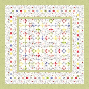 May include: A square quilt with a light green border and a white center. The center features a repeating pattern of colorful diamonds and squares. The quilt has a patchwork design with red, yellow, blue, and green accents.