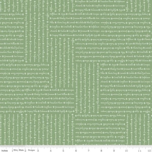 May include: A green fabric with a white repeating pattern of flower names and small circles. The fabric features a variety of flower names, including "Coneflower", "Coral Bells", "Creeping Phlox", "Daylily", "Lupine", "Bleeding Heart", "Geranium", "Sweet William", "Aster", "Phlox", "Shasta Daisy", "Lavender", "Lobelia", "Black Eyed Susan", "Monarda", "Huchira", "Pincushion Flower", "Delphinium", "Bee Balm", "Ajuga", "Clematis", "Astilbe", "Salvia", "Coreopsis", and more.