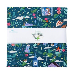 May include: A fabric panel with a blue background featuring a repeating pattern of Peter Pan, Tinkerbell, Captain Hook, and other characters from the story of Peter Pan. The panel is titled "Forever Neverland" and is by Riley Blake Designs.