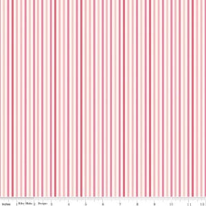 May include: A fabric with vertical stripes in varying shades of pink and white. The stripes are evenly spaced and run the length of the fabric. The image includes a ruler with inch measurements along the bottom edge.