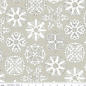 May include: A seamless pattern featuring white snowflake designs on a light gray background. The snowflakes are intricate and detailed, with a distressed, vintage look.