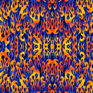 May include: A seamless pattern of orange and yellow flames on a blue background. The flames are stylized and have a retro look.