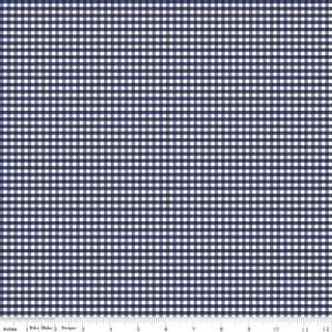 May include: A white fabric with a navy blue gingham pattern. The fabric has a repeating pattern of small squares.