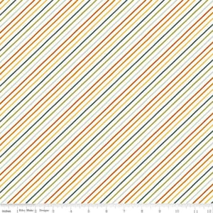 May include: A fabric with a repeating pattern of diagonal stripes in various colors, including orange, yellow, green, and blue, set against a white background. The stripes are evenly spaced and create a visually dynamic design.
