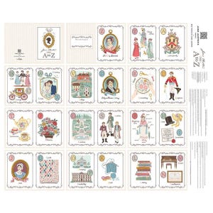 May include: A fabric panel featuring a Jane Austen A to Z design. The panel includes illustrated cards with various themes, portraits, and text. The color palette includes cream, pink, blue, and green. The text "Jane Austen's A to Z" is visible.