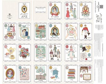 May include: A fabric panel featuring a Jane Austen A to Z design. The panel includes illustrated cards with various themes, portraits, and text. The color palette includes cream, pink, blue, and green. The text "Jane Austen's A to Z" is visible.