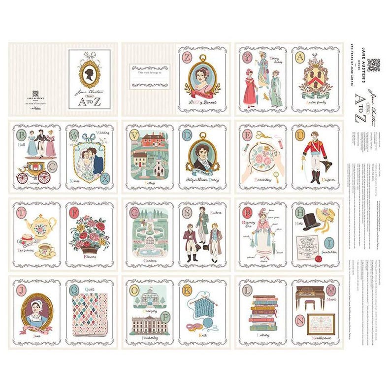 May include: A fabric panel featuring a Jane Austen A to Z design. The panel includes illustrated cards with various themes, portraits, and text. The color palette includes cream, pink, blue, and green. The text "Jane Austen's A to Z" is visible.