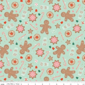 Fat Quarter End of Bolt - FLANNEL Gingerbread Cookies F13910 Mint - Riley Blake - Christmas Men Sprinkles Candy Canes- FLANNEL Cotton