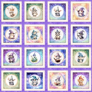 May include: A purple fabric with a repeating pattern of 16 squares. Each square features a different animal wearing a wizard hat and holding a wand. The animals include a fox, owl, raccoon, frog, and a lion.