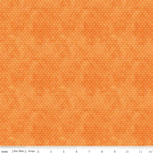 May include: Orange fabric with a white polka dot pattern. The fabric has a slightly textured surface.