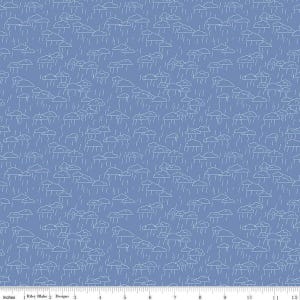 May include: A blue fabric with a repeating pattern of white outline clouds and rain. The design is evenly spaced across the surface, creating a consistent and visually appealing texture. The fabric is suitable for various sewing projects.