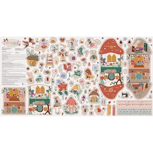 May include: A fabric panel featuring a whimsical fairy tale design. It includes various cut-out shapes of fairies, mushrooms, flowers, and houses. The color palette is soft, with shades of red, green, and beige. The text "Thimbalina" is visible.