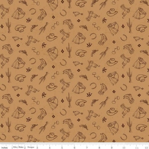May include: Brown fabric with a repeating pattern of cowboy-themed illustrations. The design includes horses, saddles, hats, cacti, horseshoes, and revolvers. The fabric has a distressed, vintage look.