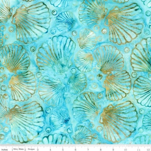 May include: Seamless fabric pattern featuring a repeating design of gold seashells on a turquoise blue background.