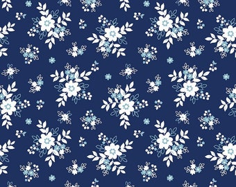Simply Country Bouquets C13411 Navy - Riley Blake Designs - Floral White Flowers - Quilting Cotton Fabric